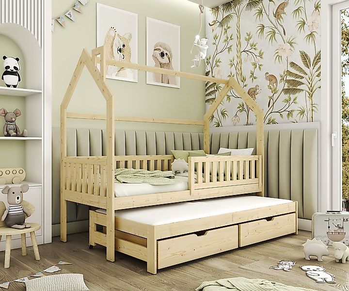 thematys Kinderbett Hausbett mit Ausziehbett und 2 Schubladen weiß / Natur günstig online kaufen