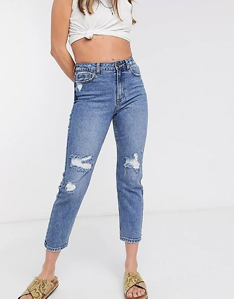 Only – Mom-Jeans im Used-Look in Mittelblau günstig online kaufen