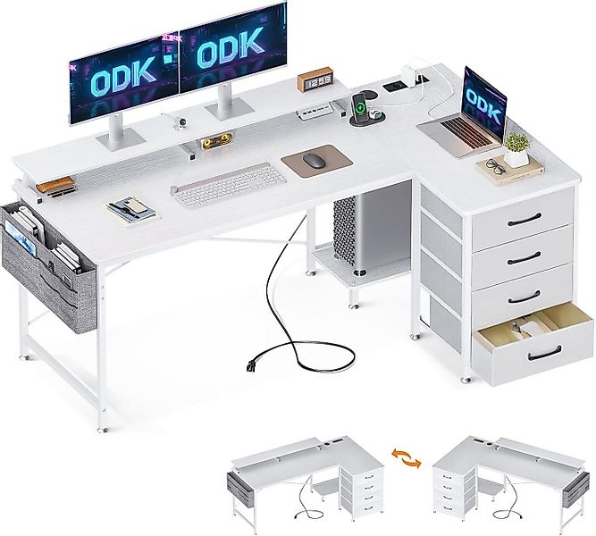 ODK Eckschreibtisch L-Form mit 4 Schubladen, 2 USB Ladeanschlüssen & 2 Stec günstig online kaufen