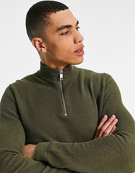 Only & Sons – Strukturierter Pullover in Grün mit kurzem Reißverschluss günstig online kaufen