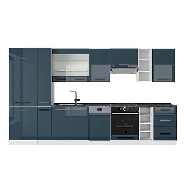 Vicco Fame-Line Küchenzeile Dunkelblau Hochglanz/Weiß 355 cm AP Anthrazit günstig online kaufen