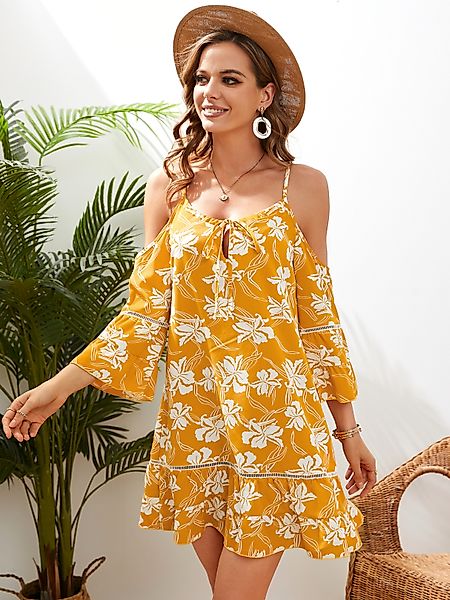 YOINS Gelb Cold Shoulder Blumendruck Bindedesign Mini Kleid günstig online kaufen