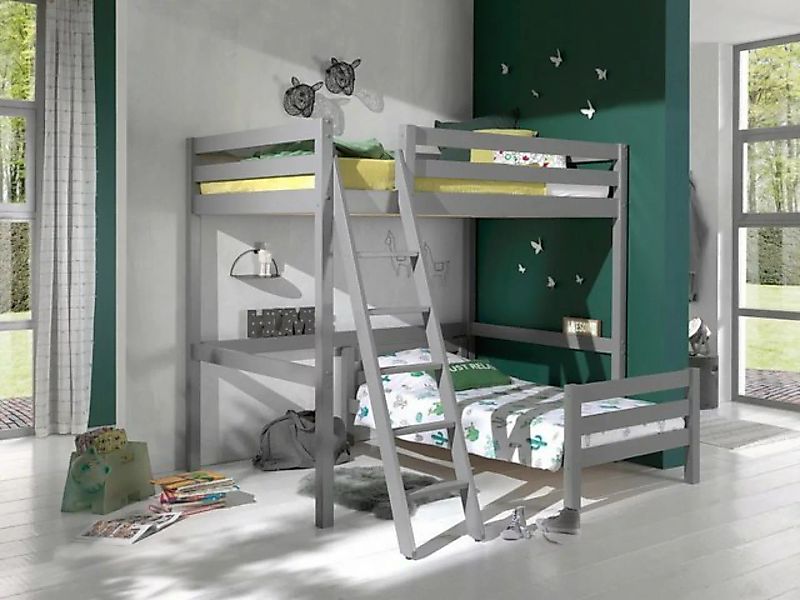 Natur24 Kinderbett Winkel-Hochbett Etagenbett Kiefer massiv Grau lackiert 1 günstig online kaufen
