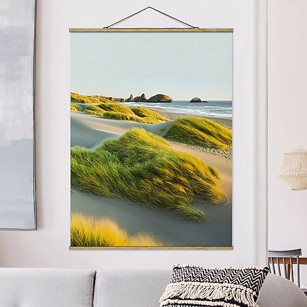 Stoffbild Strand mit Posterleisten - Hochformat Dünen und Gräser am Meer günstig online kaufen