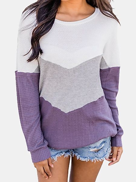 Kontrastfarbe Langarm-Patchwork-Pullover mit O-Ausschnitt für Damen günstig online kaufen