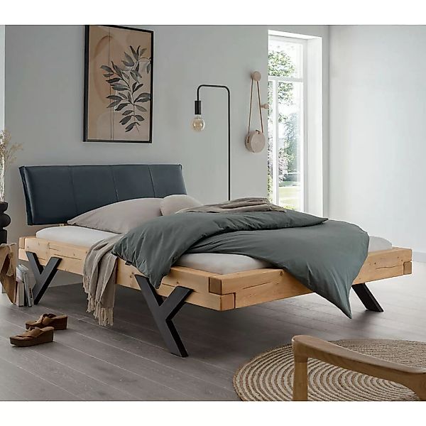 Massivholz Doppelbett, 200x200 cm, Fichte massiv, schwarzes Echtleder-Kopft günstig online kaufen