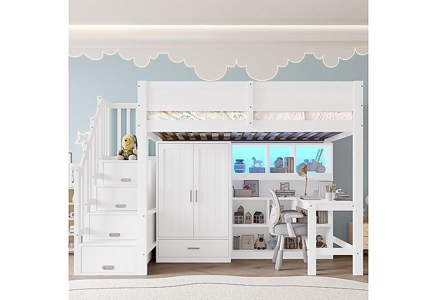 Merax Hochbett 90x200cm mit LED-Beleuchtung (1-St., Massivholz Jugendbett E günstig online kaufen