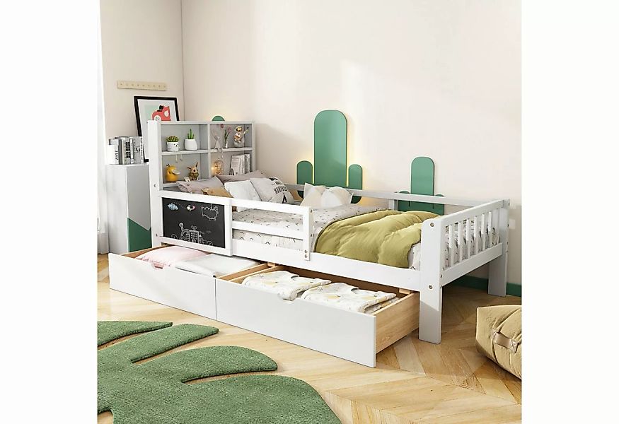 Flieks Kinderbett, Kiefer Massivholzbett mit 2 Schubladen und Tafel 90x200c günstig online kaufen