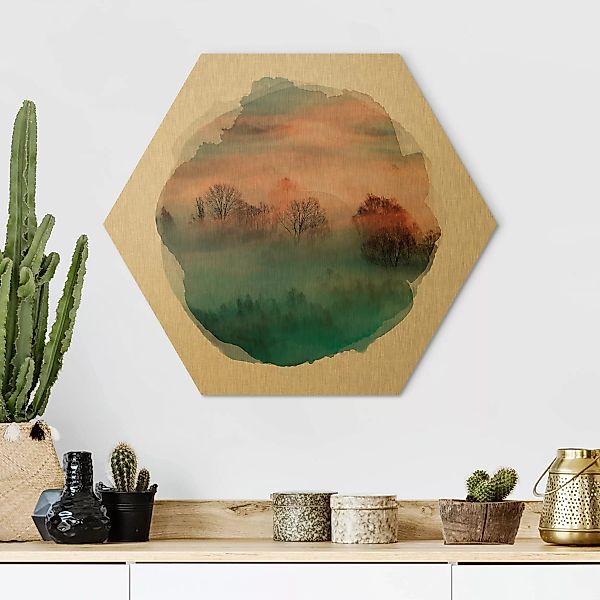 Hexagon-Alu-Dibond Bild Natur & Landschaft Wasserfarben - Nebel bei Sonnena günstig online kaufen