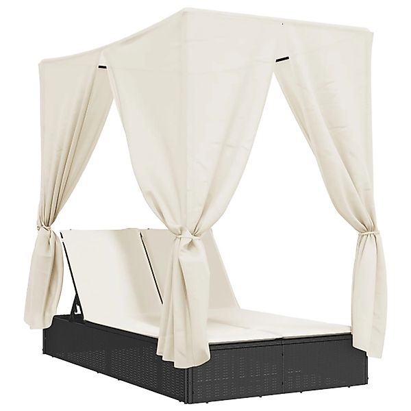 vidaXL Doppel-Sonnenliege mit Dach und Vorhängen Schwarz Poly-Rattan 368072 günstig online kaufen