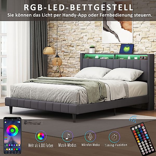 FUROKOY Polsterbett Doppelbett Stauraumbett mit LED-Beleuchtung günstig online kaufen