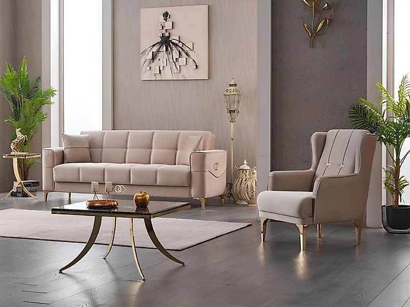 JVmoebel Sofa Sofagarnitur Dreisitzer Sessel Polstersofa Beige Stoffsofa Co günstig online kaufen