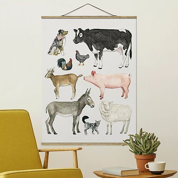 Stoffbild Tiere mit Posterleisten - Hochformat Bauernhof Tierfamilie I günstig online kaufen