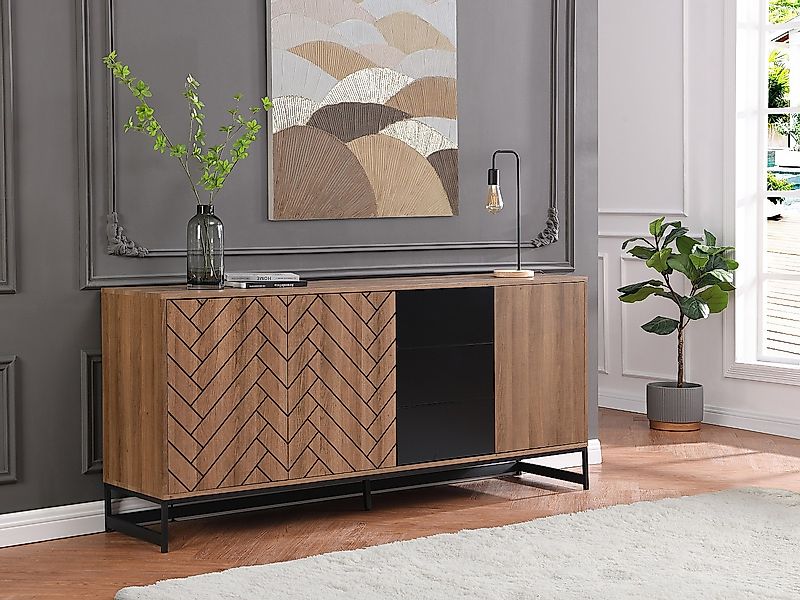 Sideboard mit 3 Türen & 3 Schubladen - MDF - Naturfarben & Schwarz - CARATA günstig online kaufen