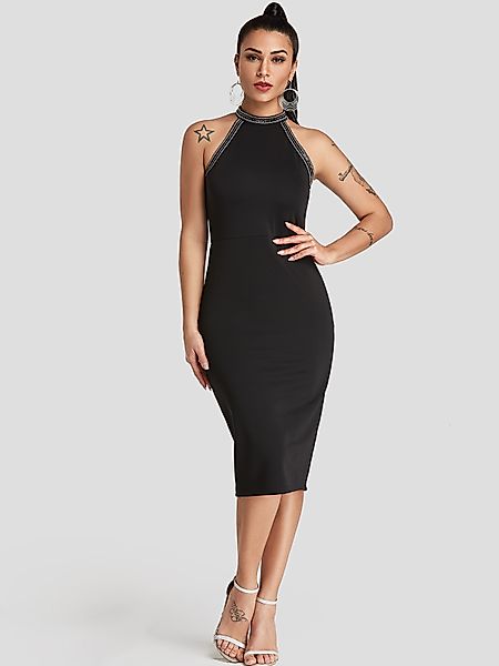 Schwarze Pailletten verziert Halfter Party Kleid günstig online kaufen