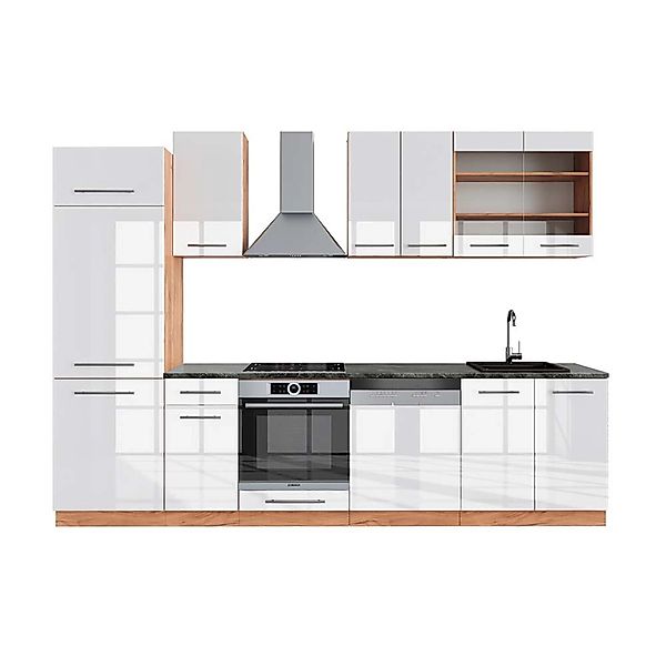 Vicco Fame-Line Küchenzeile Weiß Hochglanz/Goldkraft Eiche 300 cm AP Anthra günstig online kaufen