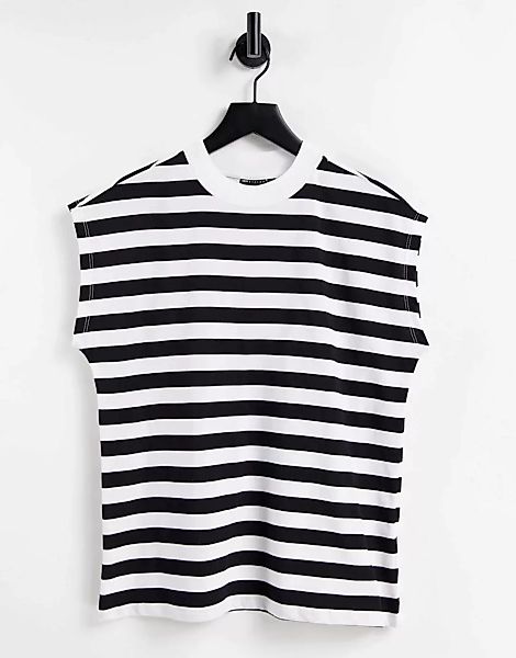 ASOS DESIGN – Kastenförmiges, ärmelloses T-Shirt in Schwarz gestreift günstig online kaufen