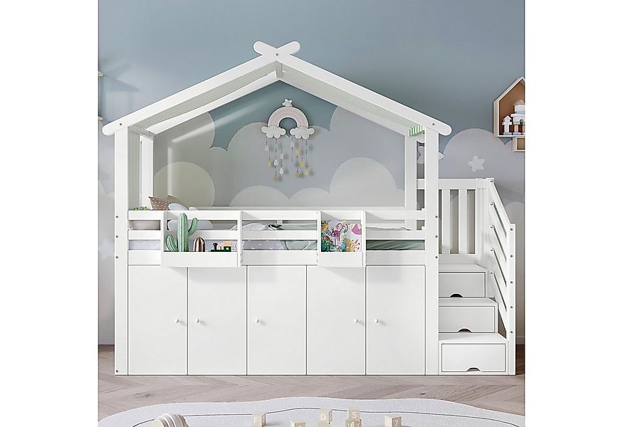 Flieks Hochbett Kinderbett 90x200cm mit Vorhang, Kleiderschrank und Staurau günstig online kaufen