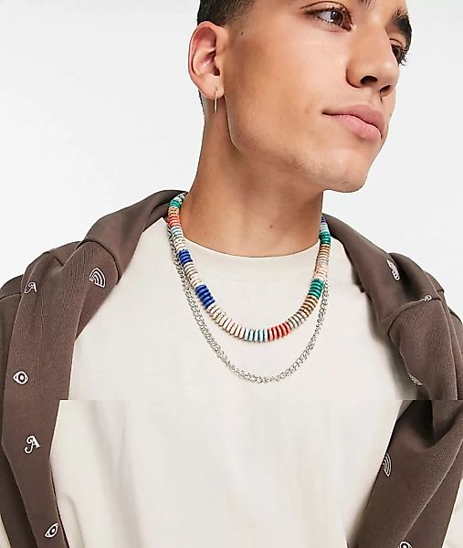 ASOS DESIGN – Zweireihige Halskette in silberfarbenem und buntem Glieder- u günstig online kaufen