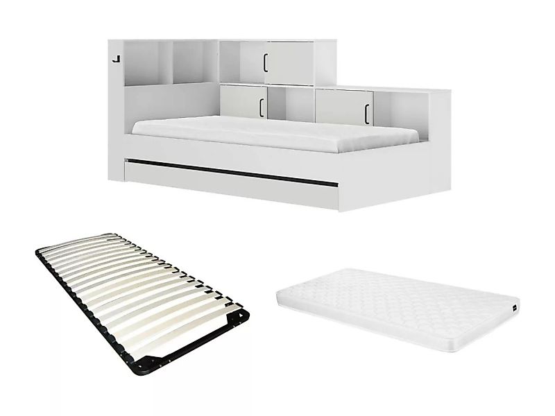 Bett mit Stauraum & Schublade - 90 x 200 cm - Weiß + Lattenrost + Matratze günstig online kaufen