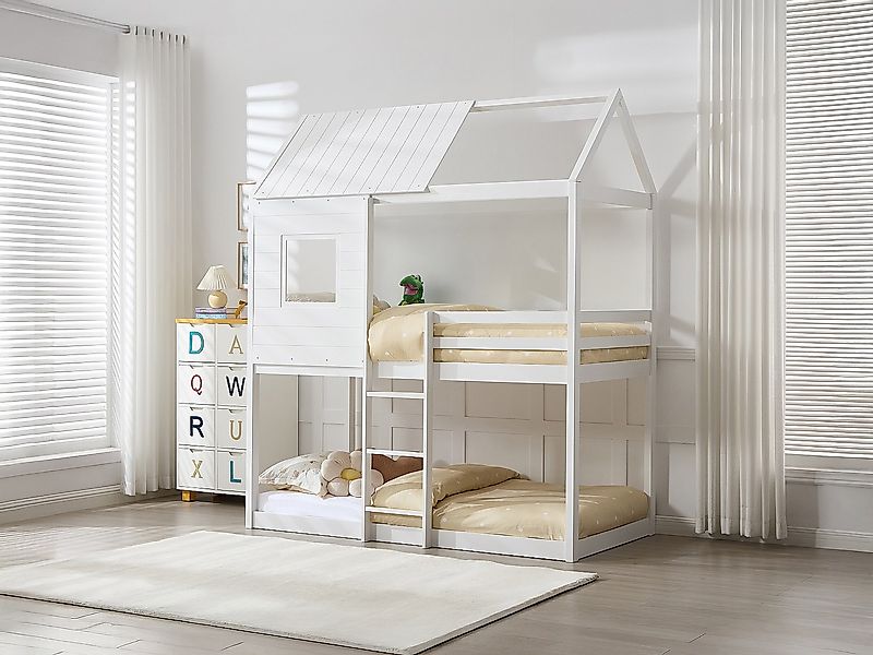 Etagenbett in Hausoptik - 2 x 90 x 190 cm - Kiefer & MDF - Weiß - LIDOVARA günstig online kaufen