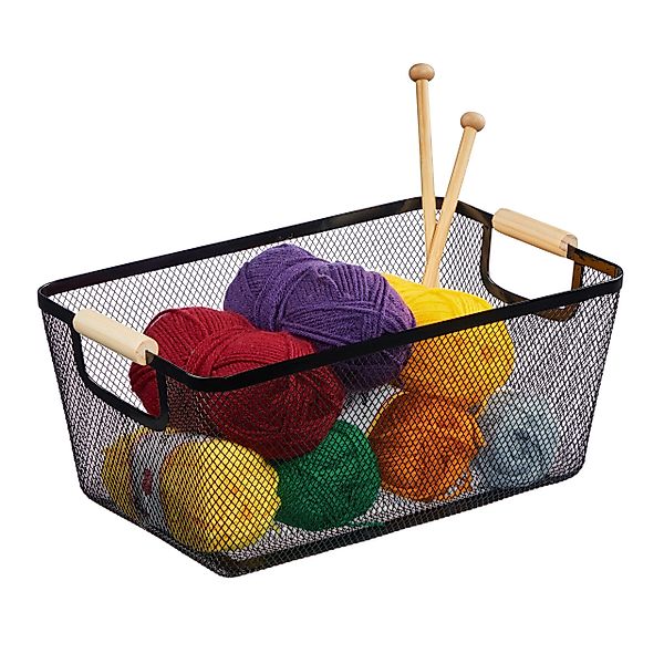 relaxdays Aufbewahrungskorb Drahtkorb mit Holzgriffen, Schwarz günstig online kaufen