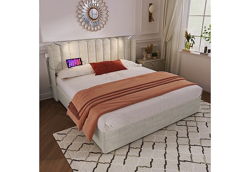 Flieks Polsterbett, Hydraulisches Stauraumbett mit Leselicht und Ladefunkti günstig online kaufen