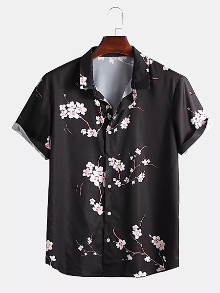 Mens Plum Blossom Print Button Up Kurzarmhemden im chinesischen Stil günstig online kaufen