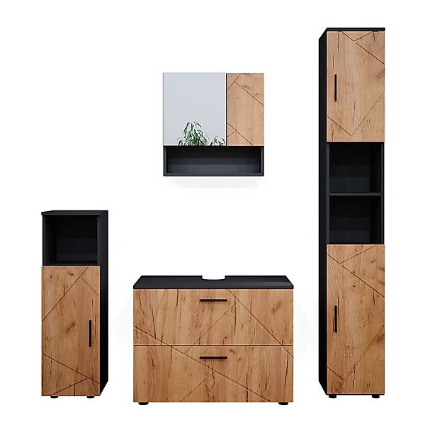 Vicco Badmöbel-Set Irma Anthrazit/Eiche 4 Teile mit Schubladenschrank und H günstig online kaufen