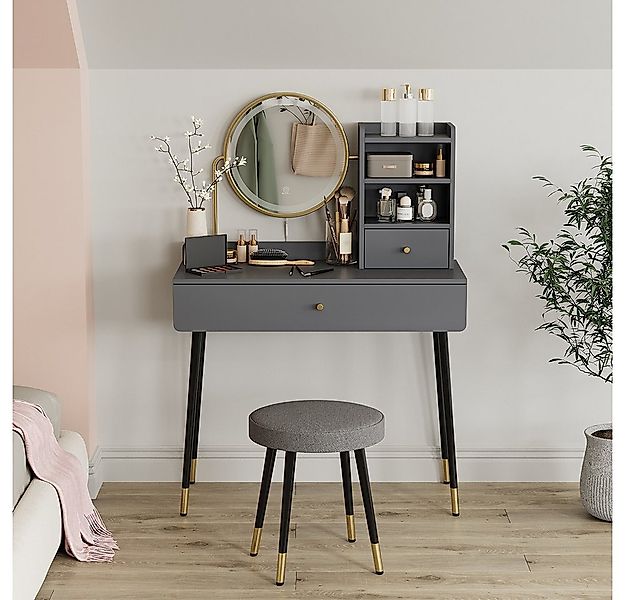 Vicco Schminktisch Mirela, Grau, 90 cm mit LED-Spiegel und Hocker günstig online kaufen