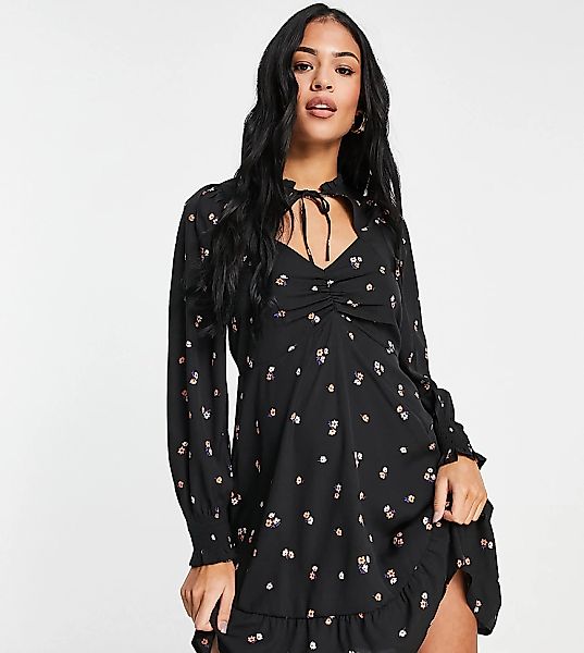 New Look Tall – Langärmliges Kleid mit Zierausschnitt in schwarz geblümt günstig online kaufen