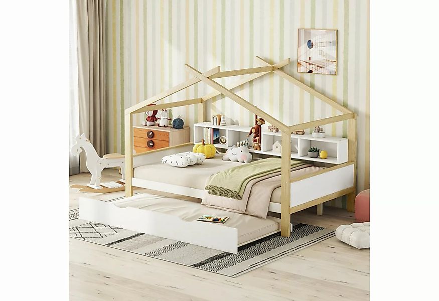MODFU Kinderbett ausgestattet mit Ausziehbett, vier Staufächern (Hausbett 1 günstig online kaufen