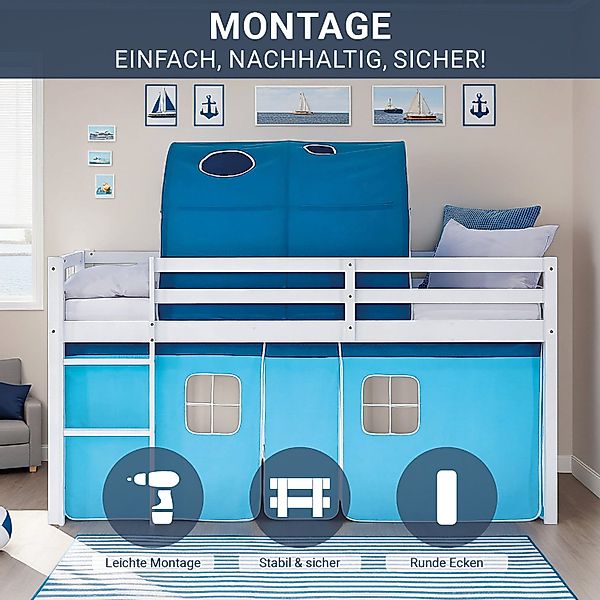 Homestyle4u Kinder Hochbett 90x200 mit Matratze Tunnel Vorhang Blau Kinderb günstig online kaufen