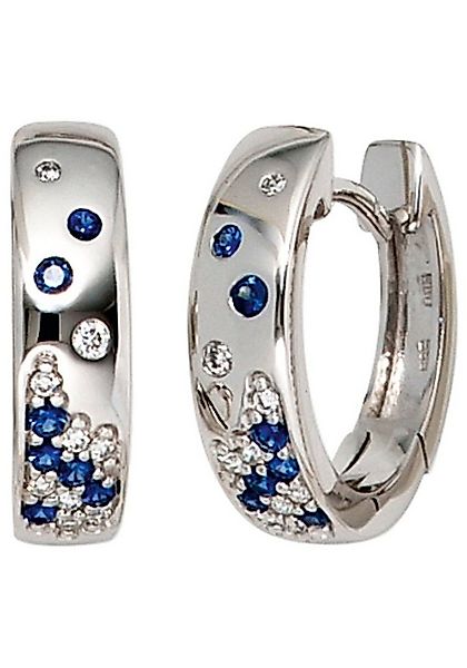 JOBO Paar Creolen, 585 Weißgold mit 18 Diamanten und Safir günstig online kaufen