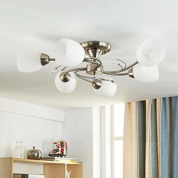 Lindby Deckenleuchte Tatas, Ø 64 cm, nickel, 6-flammig, Glas günstig online kaufen