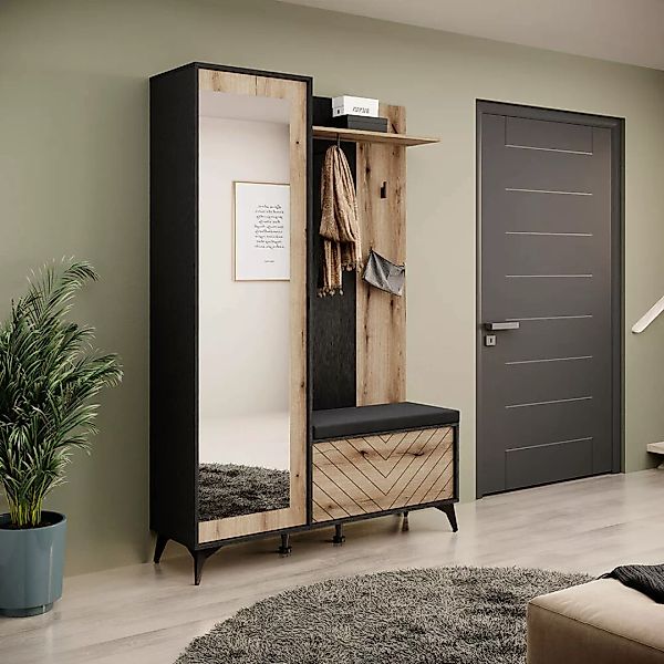 Garderobe mit Sitzbank inklusive Polster schwarz, Eiche DALE-160 günstig online kaufen