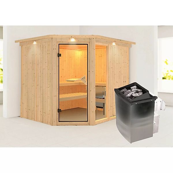 Karibu Sauna Freyja 3 mit Ofen intergrierte Stg.LED-Dachkranz Natur günstig online kaufen
