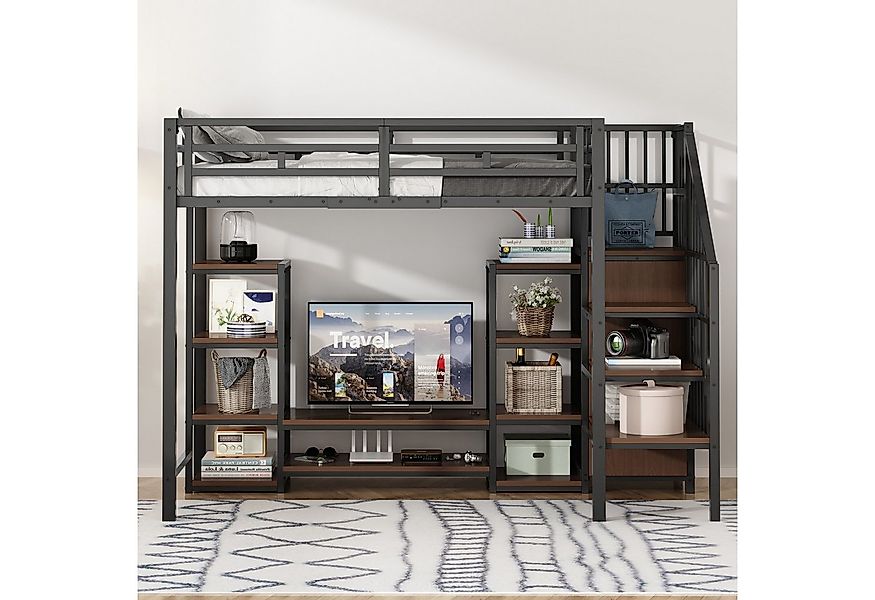 Flieks Hochbett Kinderbett 90x200cm mit TV-Ständer, Steckdose und Stauraumt günstig online kaufen