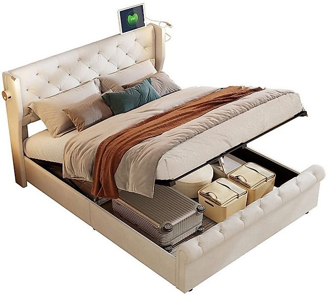 FUROKOY Stauraumbett Polsterbett Doppelbett mit Leselicht und USB Ladeansch günstig online kaufen
