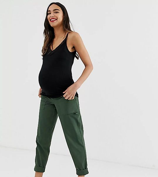 ASOS DESIGN Maternity – Schmal geschnittene Combat-Hose in Khaki mit Bauchb günstig online kaufen