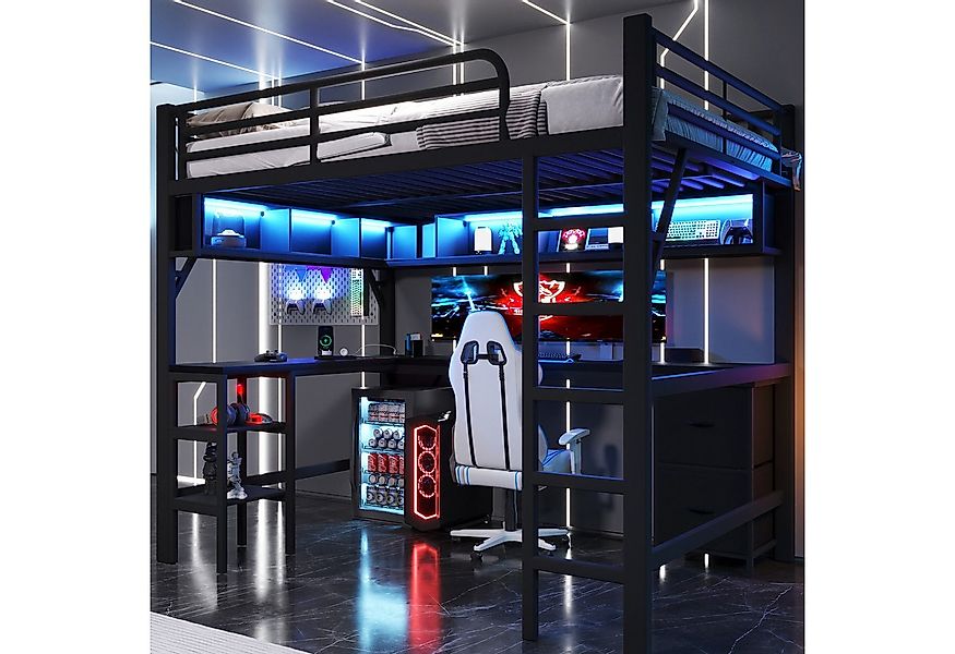 REDOM Hochbett Metall-Gaming-Funktionsbett (mit LED-Beleuchtung, Schreibtis günstig online kaufen