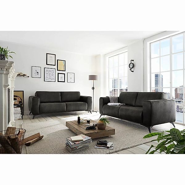 home24 Red Living Sofa Churchill 3-Sitzer Anthrazit Microfaser 212x82x96 cm günstig online kaufen