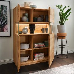 Wohnzimmer Highboard massiv in Wildeichefarben Glastüren günstig online kaufen
