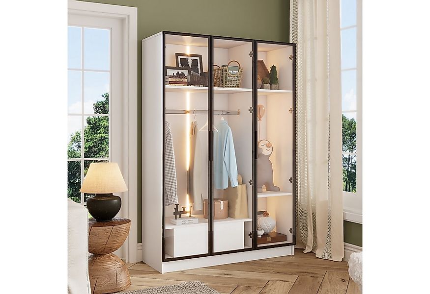 TavilaEcon Kleiderschrank 3 Glastüren und 1 Kleiderstange, LED-Licht, Hydra günstig online kaufen