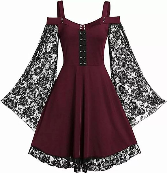 KIKI A-Linien-Rock Gothic Kleid Damen Gotisches Spitzenkleid Trompetenärmel günstig online kaufen