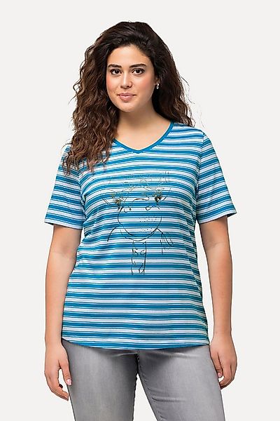 Ulla Popken T-Shirt T-Shirt Ringel Metallic-Tiermotiv V-Ausschnitt günstig online kaufen