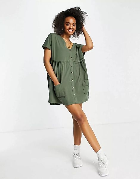 ASOS DESIGN – Hängerkleid mit Taschen und Knopfleiste in Khaki-Grün günstig online kaufen