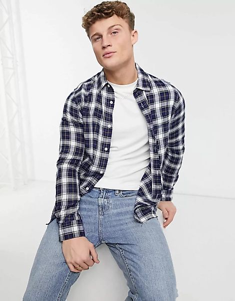 Burton Menswear – Hemd mit langen Ärmeln in Ecru & Marineblau kariert günstig online kaufen