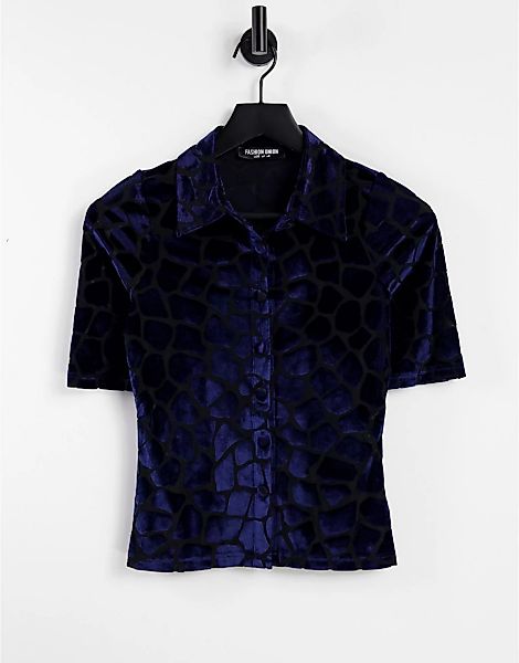 Fashion Union – Polohemd aus Ausbrennersamt und Netzstoff in Marineblau günstig online kaufen