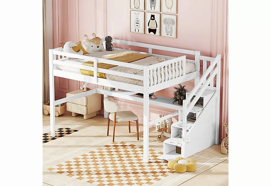 SOFTWEARY Hochbett mit Lattenrost und Treppe (140x200 cm) Kinderbett mit Ra günstig online kaufen